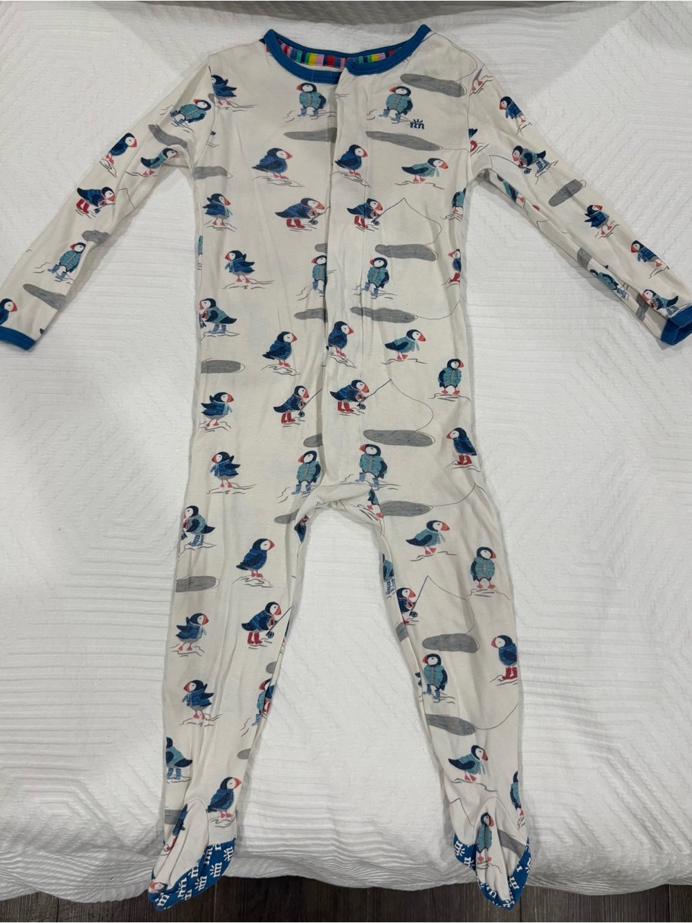 Magnetic Me Cream Puffin Print Footed One-Piece Pajamas with Blue Trim